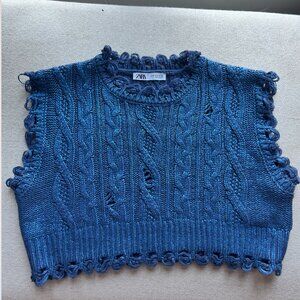 NWOT Zara Metallic Foil Crop Sleeveless Sweater Medium Blue Knit Vest